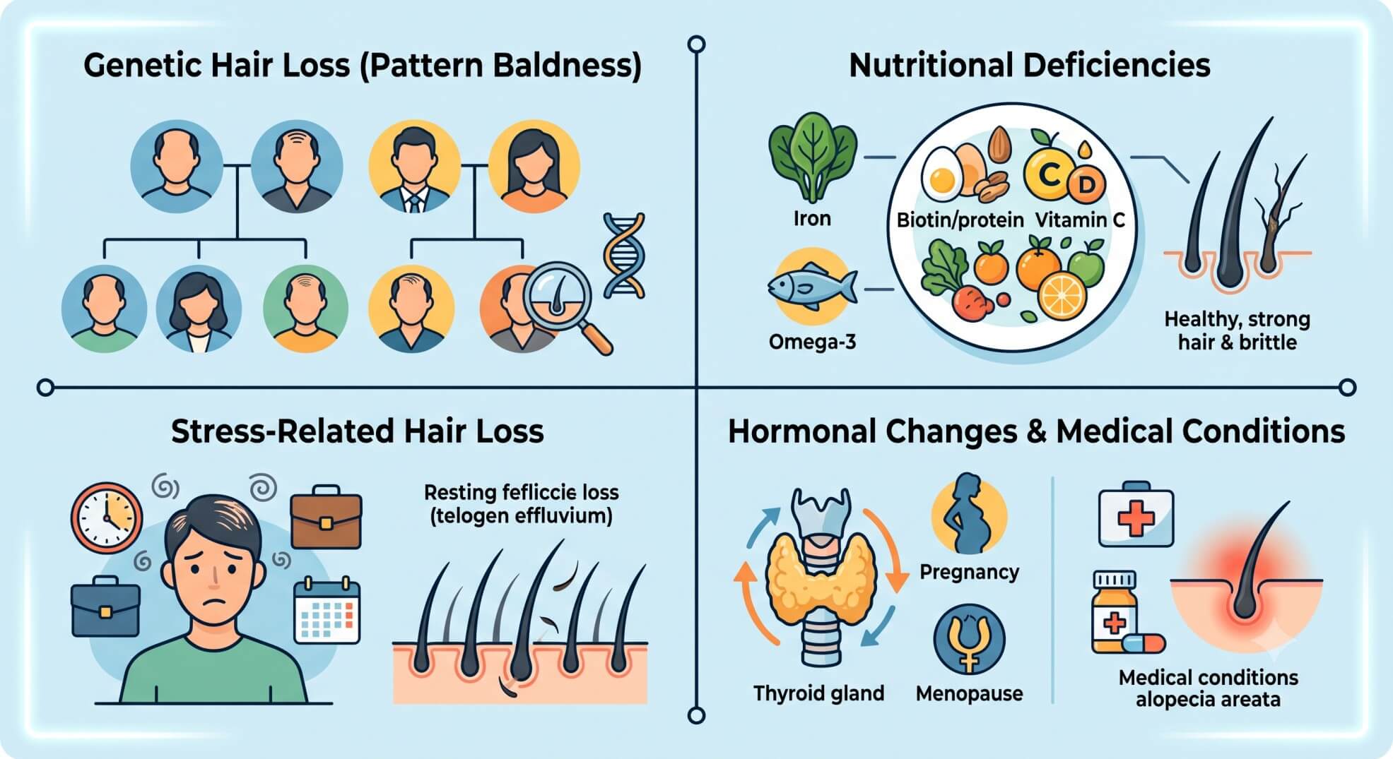 Common causes of hair loss explained by an expert dermatologist in Mumbai including genetic factors, nutritional deficiency, stress, hormonal changes, and scalp conditions 